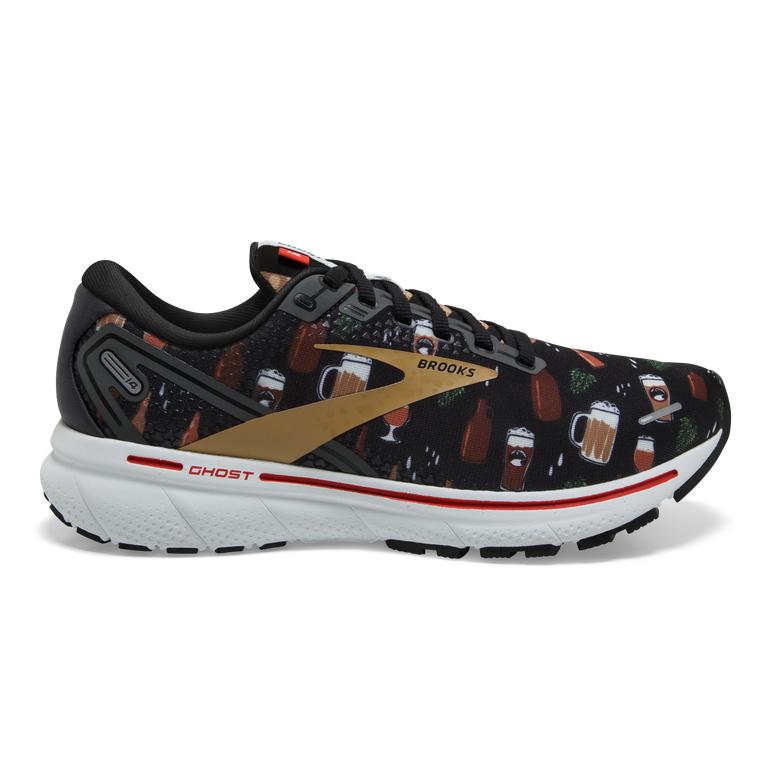 Brooks Ghost 14 Cushioned Road Running Shoes - Men's - Black/White/Fiery Red (64279-HFPW)